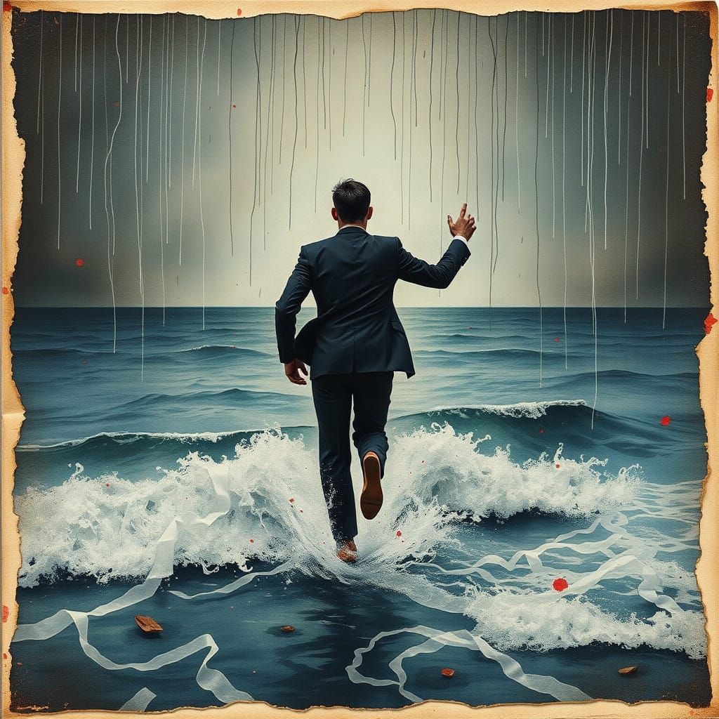 Man Emerges from the Shadows into a Whimsical Oceanic Limina...