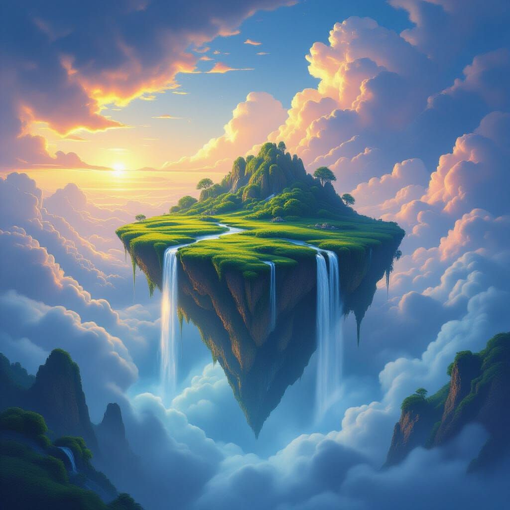 Floating Island with Waterfalls in Twilight Sky
