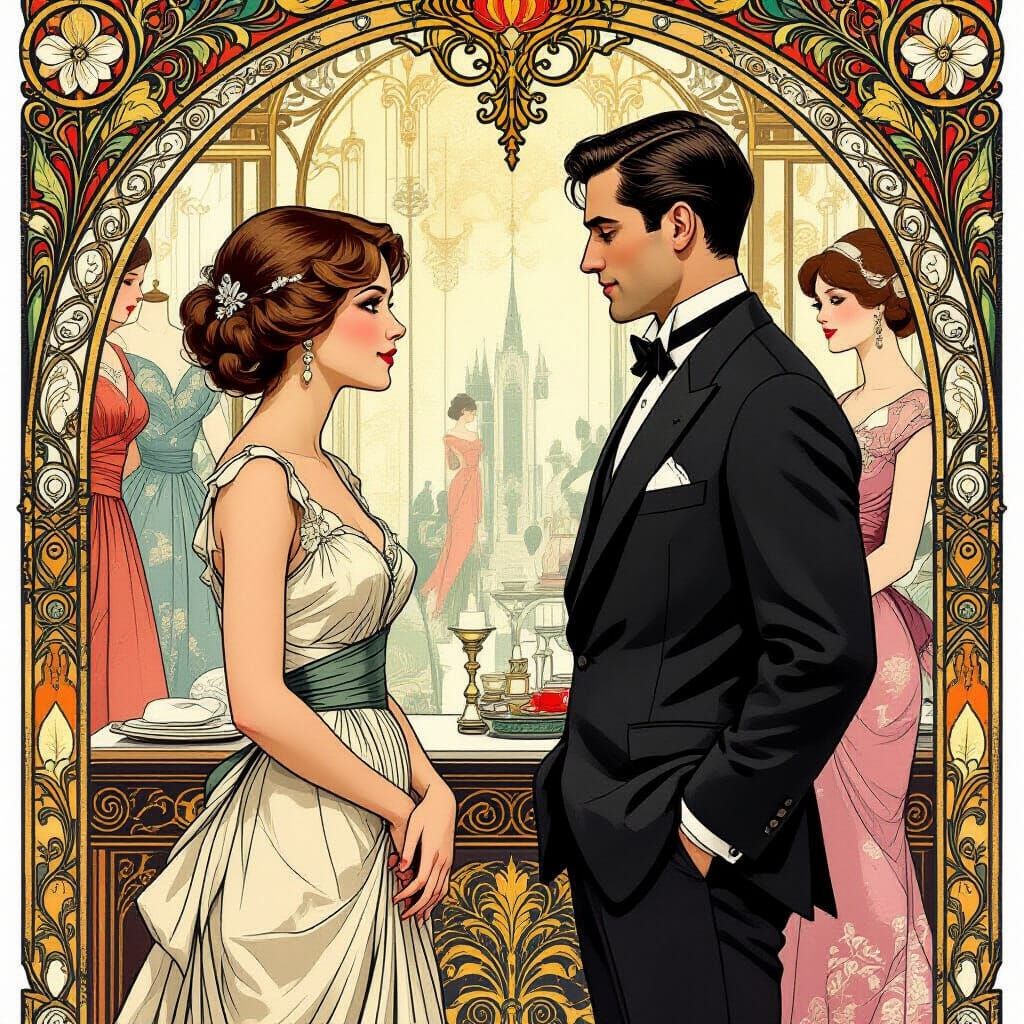 Elegant Boutique Scene in Art Nouveau Style