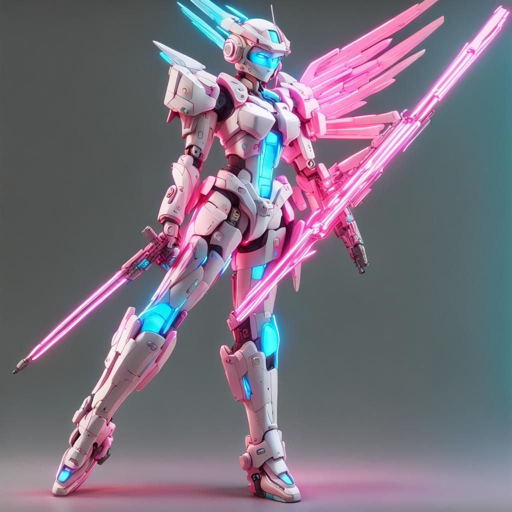 Cyborg Mech Warrior with Glowing Sword and Wings