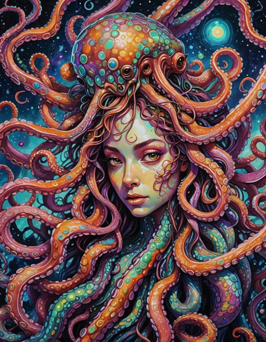 Octopus Woman in Cosmic Fantasy: Iridescent Impressionism