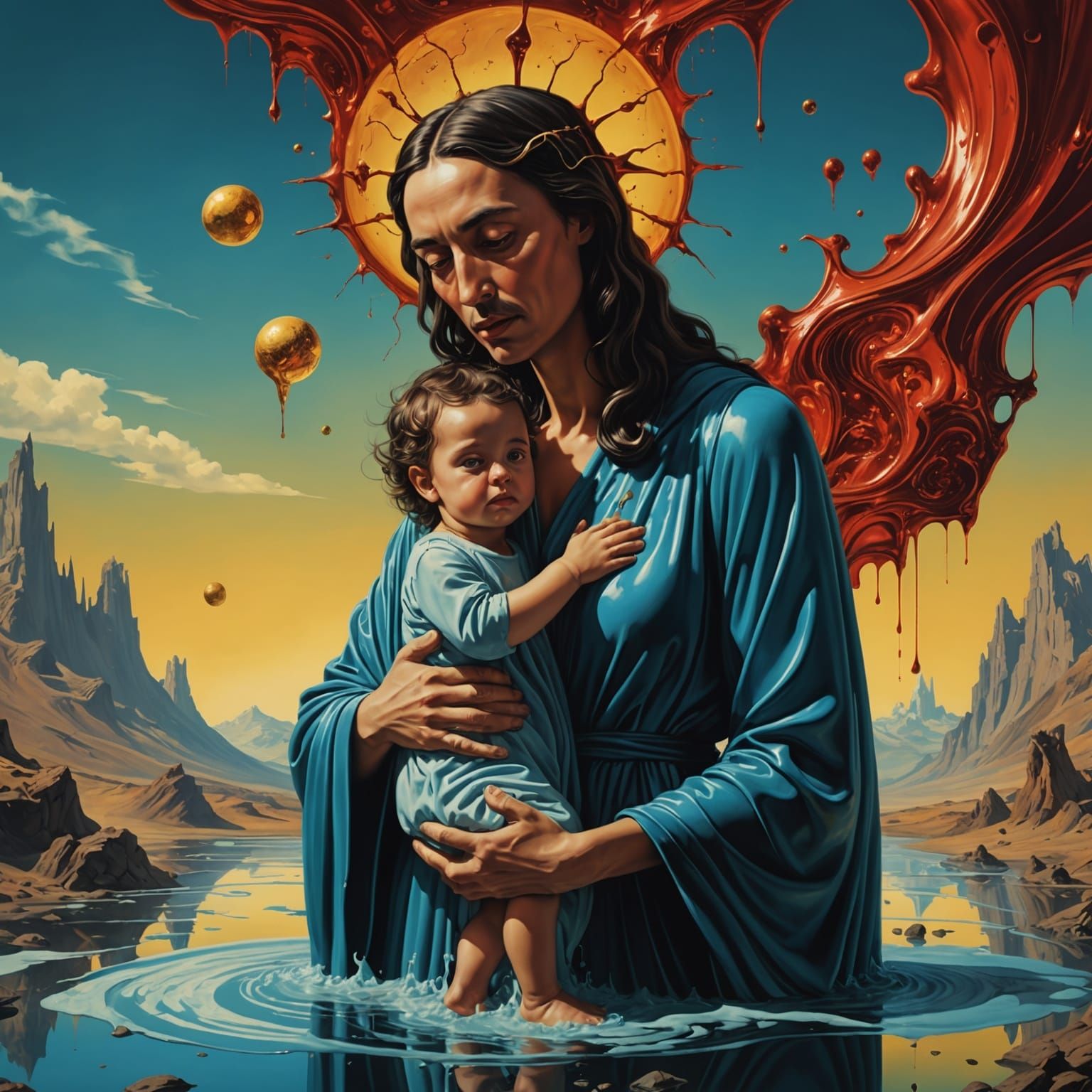 Surrealist Mother and Child in Melting Dreamscape