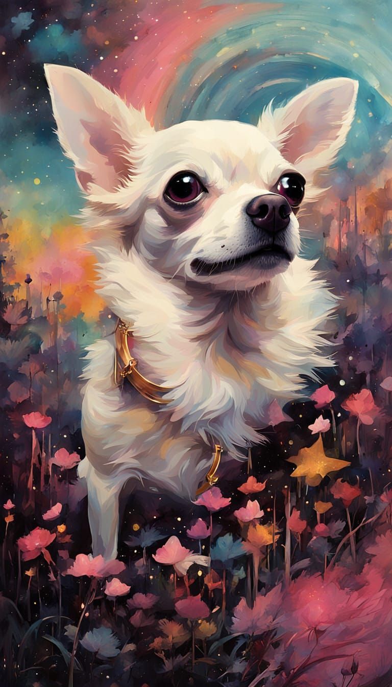 Whimsical Winter Goddess Embracing a Tiny Angelic Chihuahua