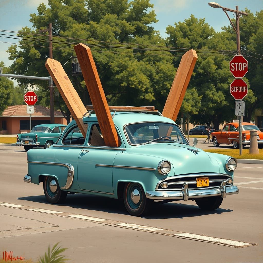 Humorous 1950s Car Hauling Lumber in American Realism
