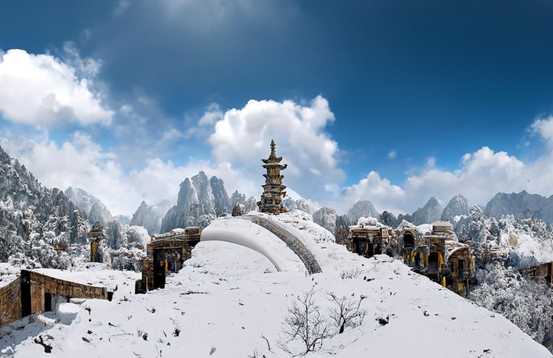Snowy Temple in China: Hyperdetailed Matte Painting