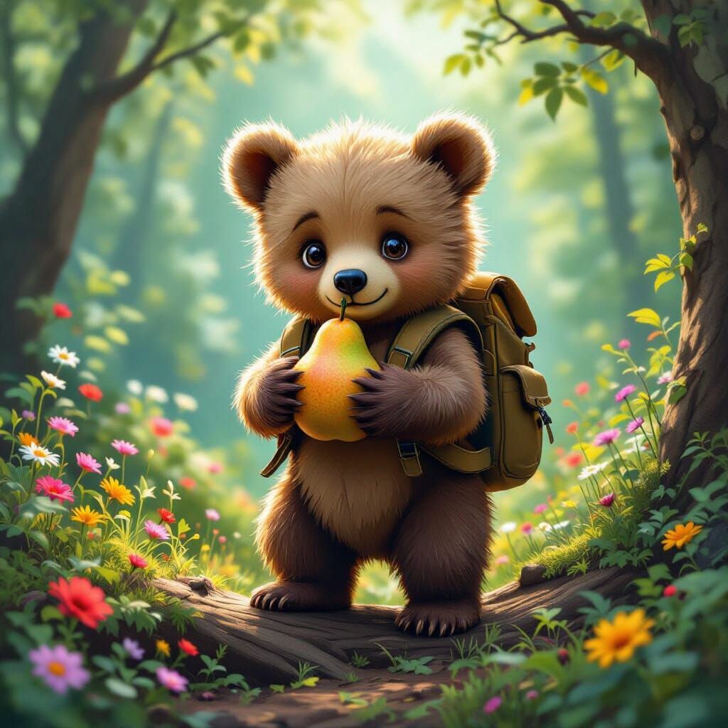 Baby Bear with Pear in Lush Forest, Matte Painting