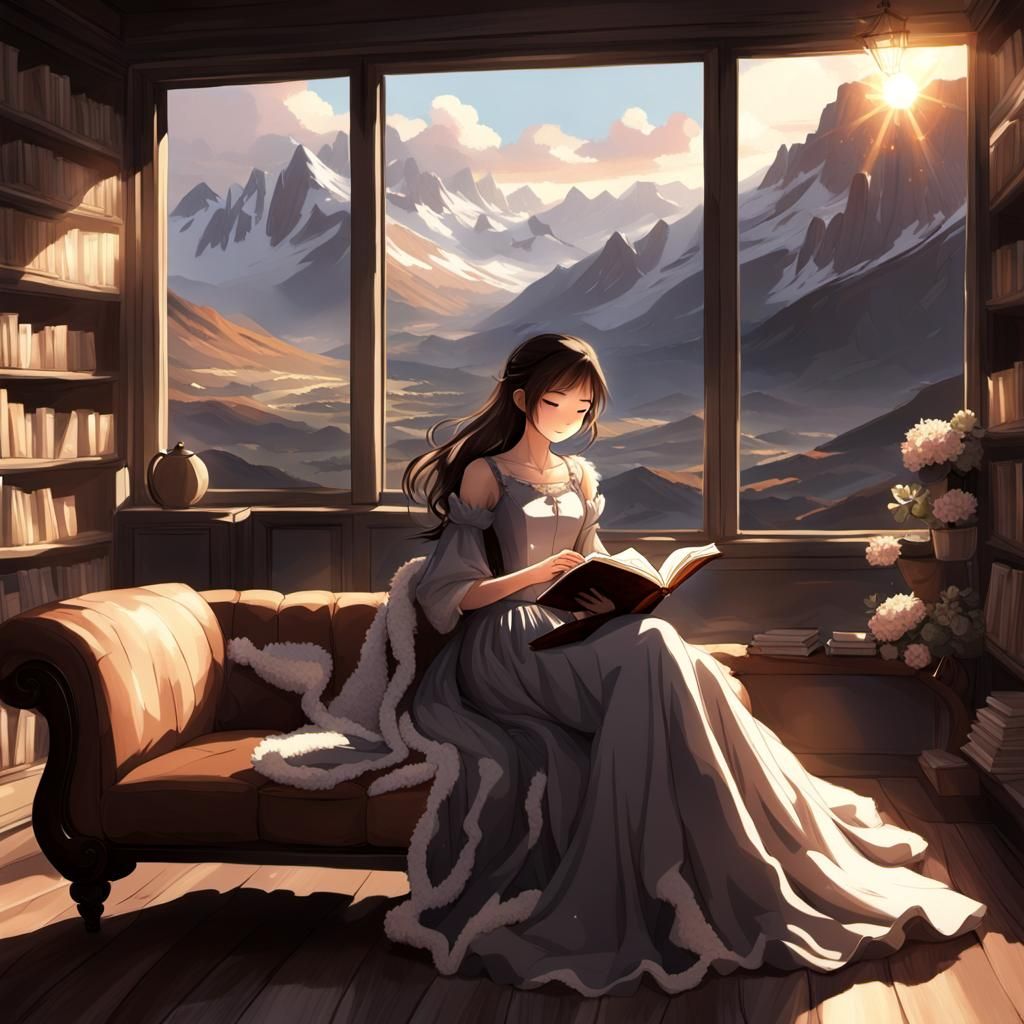 Girl Reading Book in Cozy Room: Anime Art