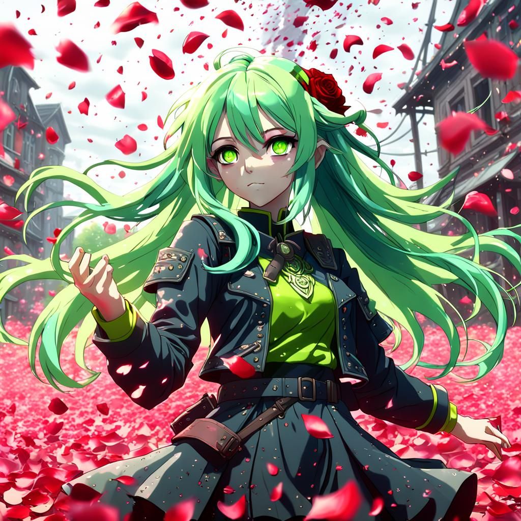 Anime Girl in Rose Petal Tornado: Detailed Digital Art