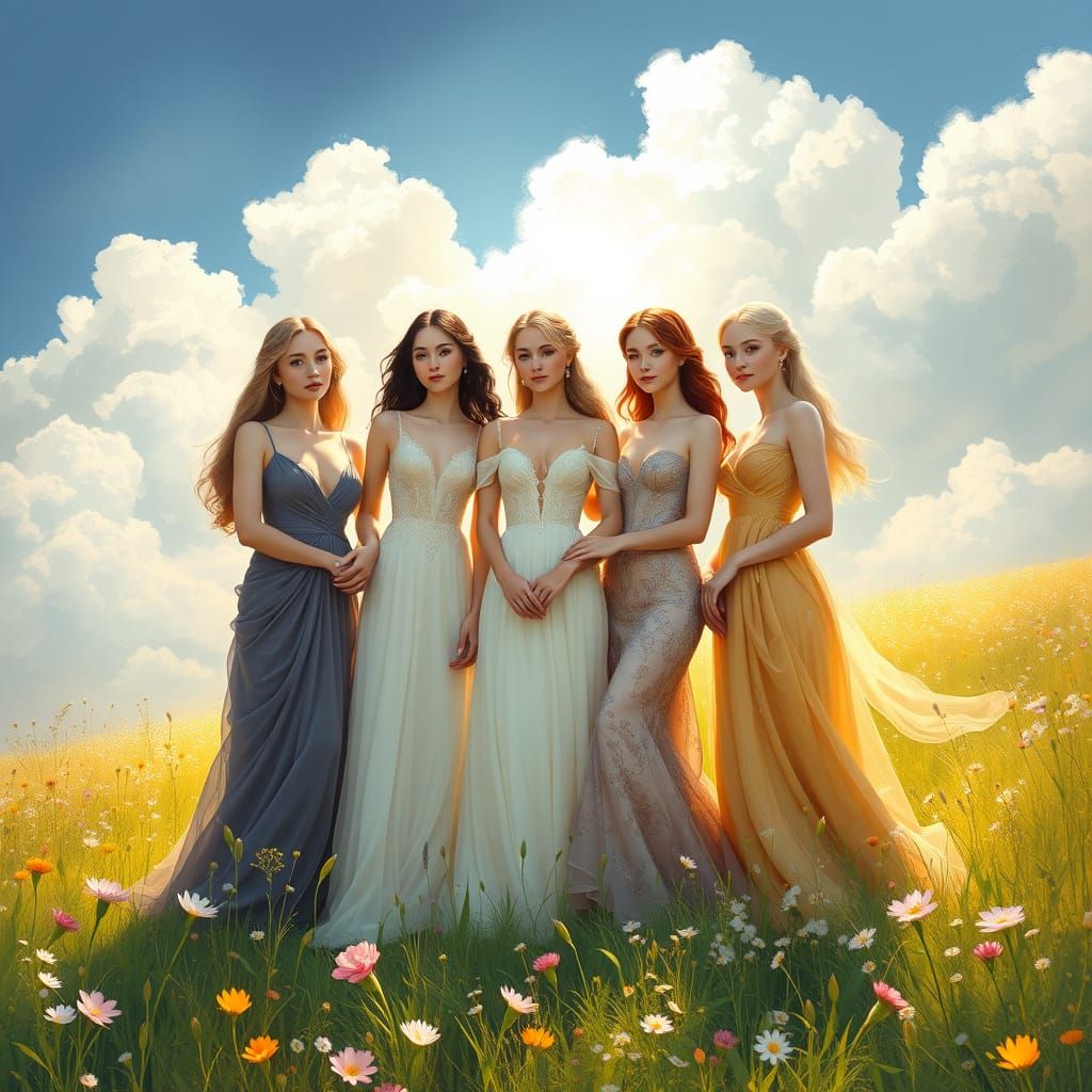 Six Elegant Women in a Lush, Impressionist-Inspired Meadow S...