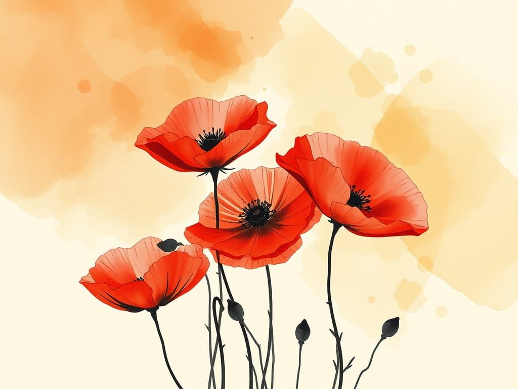Red Poppies in Japanese Sumi-e Style