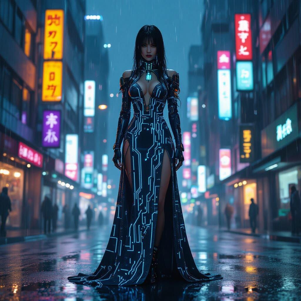 Cyberpunk Goddess in Rainy Tokyo Street