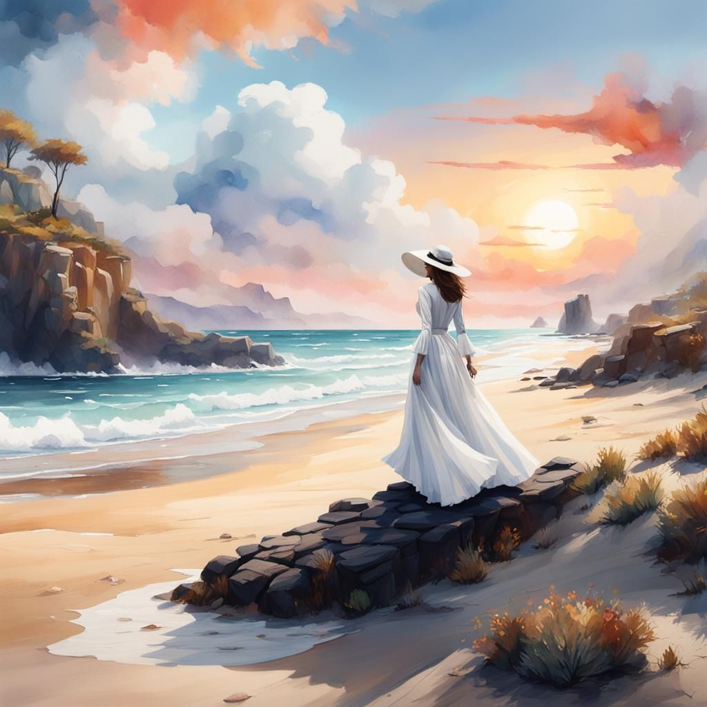 Elegant Girl in White Dress on Beach as Watercolor