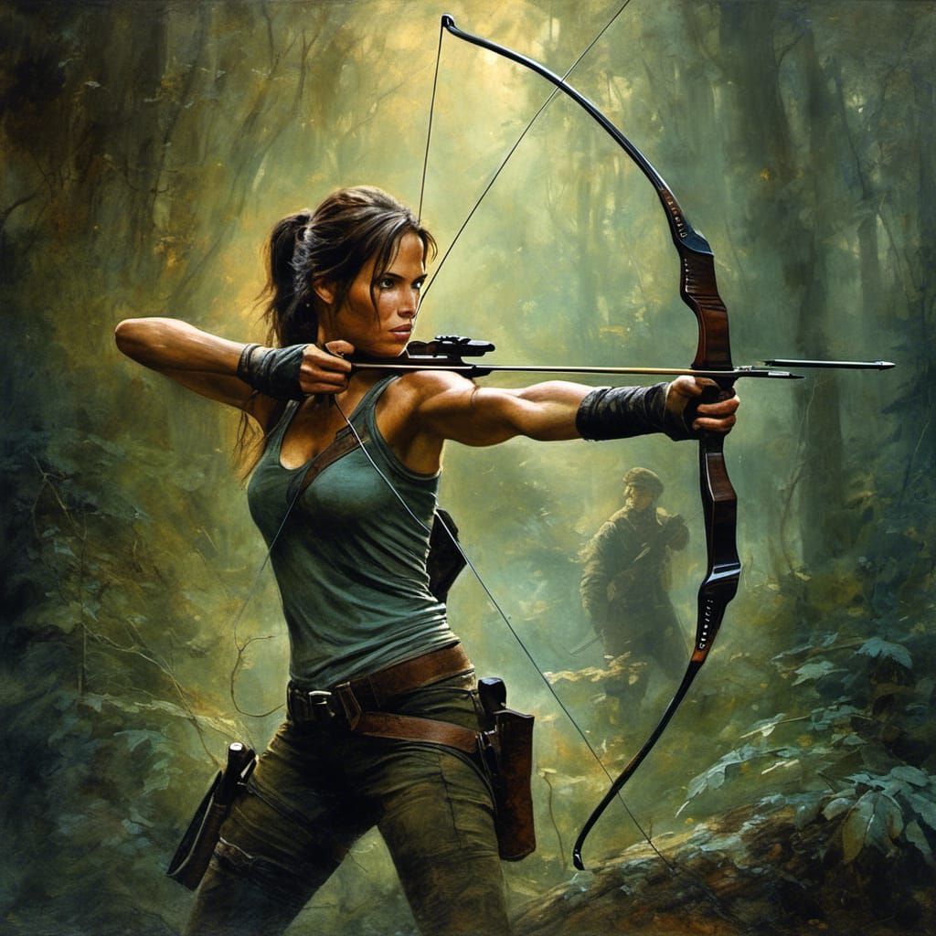 Lara Croft Archer in Dark Forest Watercolor