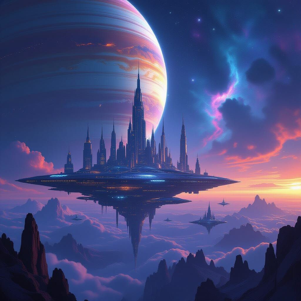 Cyberpunk City Orbits Gas Giant in Cosmic Matte Painting