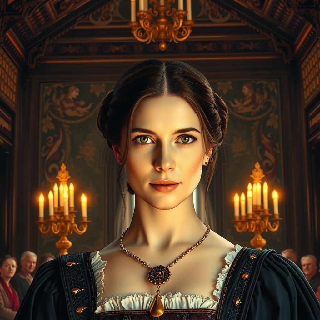 Anne Boleyn Surveys Tudor Court in Hyperrealism