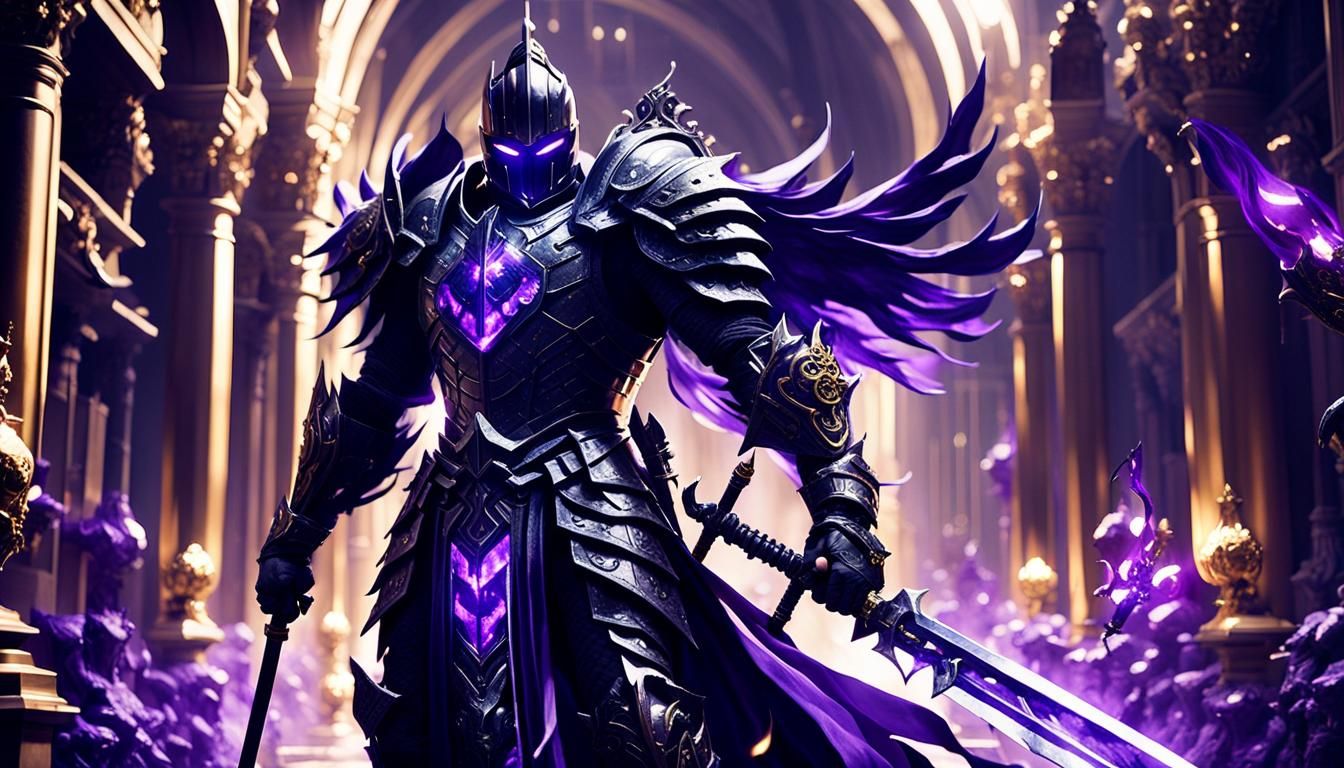 Knight with Flaming Aura in a Grand Hall