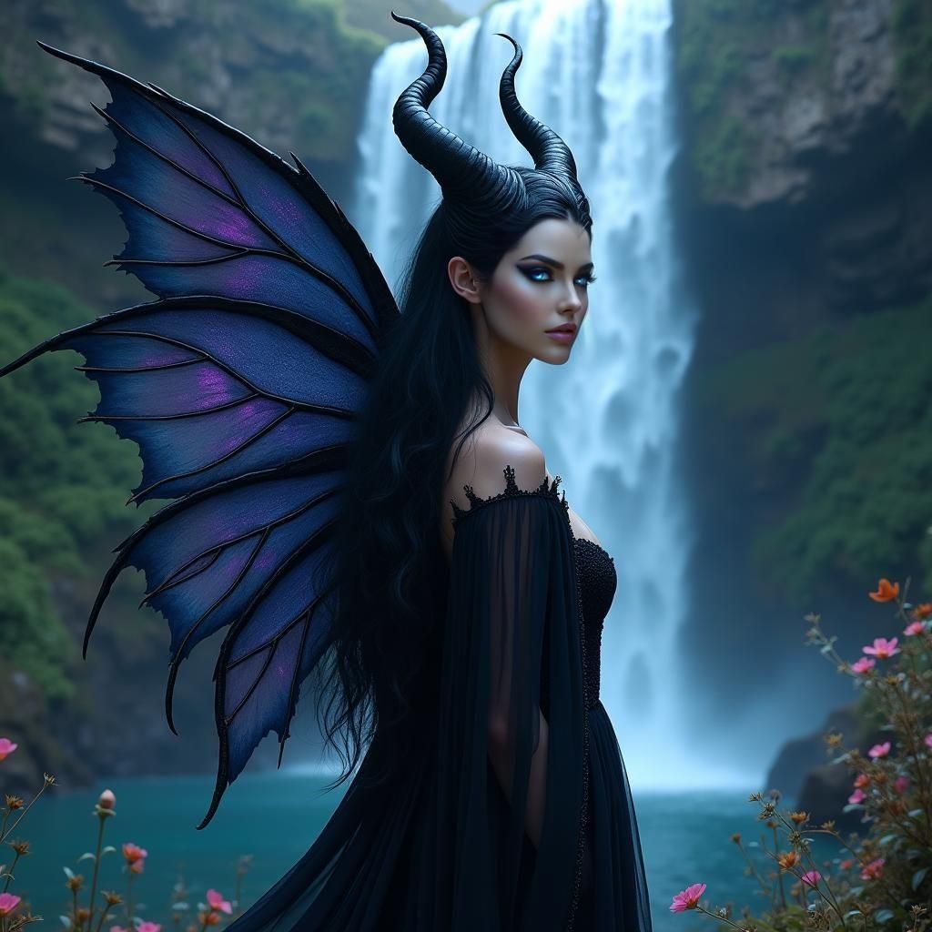 Dark Fairy Woman at Waterfall, Fantasy Concept Art