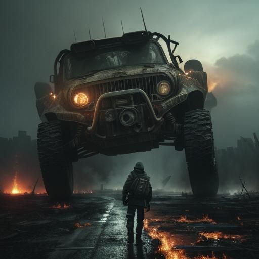 Post-Apocalyptic Traveler in Rain and Fire