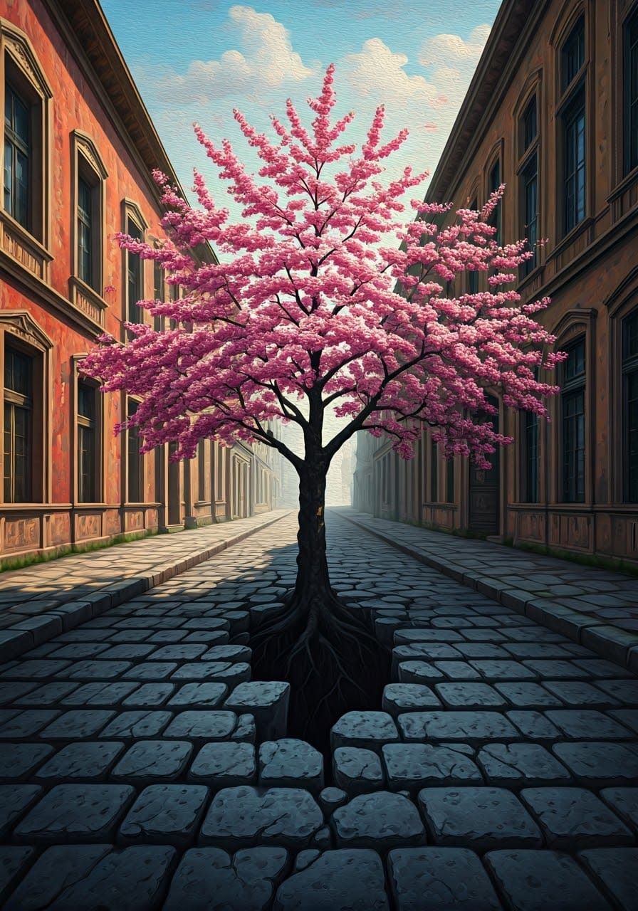 Surrealist Cherry Blossom Tree Emerges from Post-Apocalyptic...