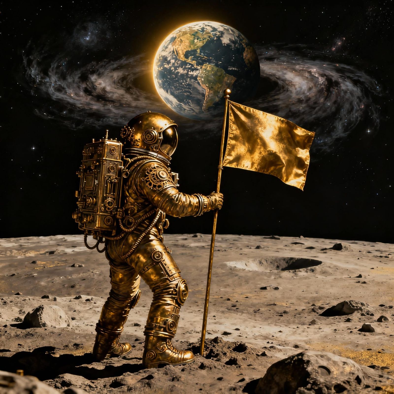 Astronaut Plants Flag on Moon in Vintage Sci-Fi Style