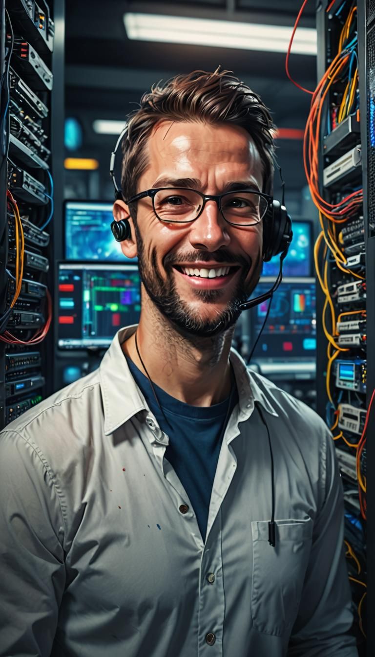 Happy Tech Support Programmer in High-Tech Office