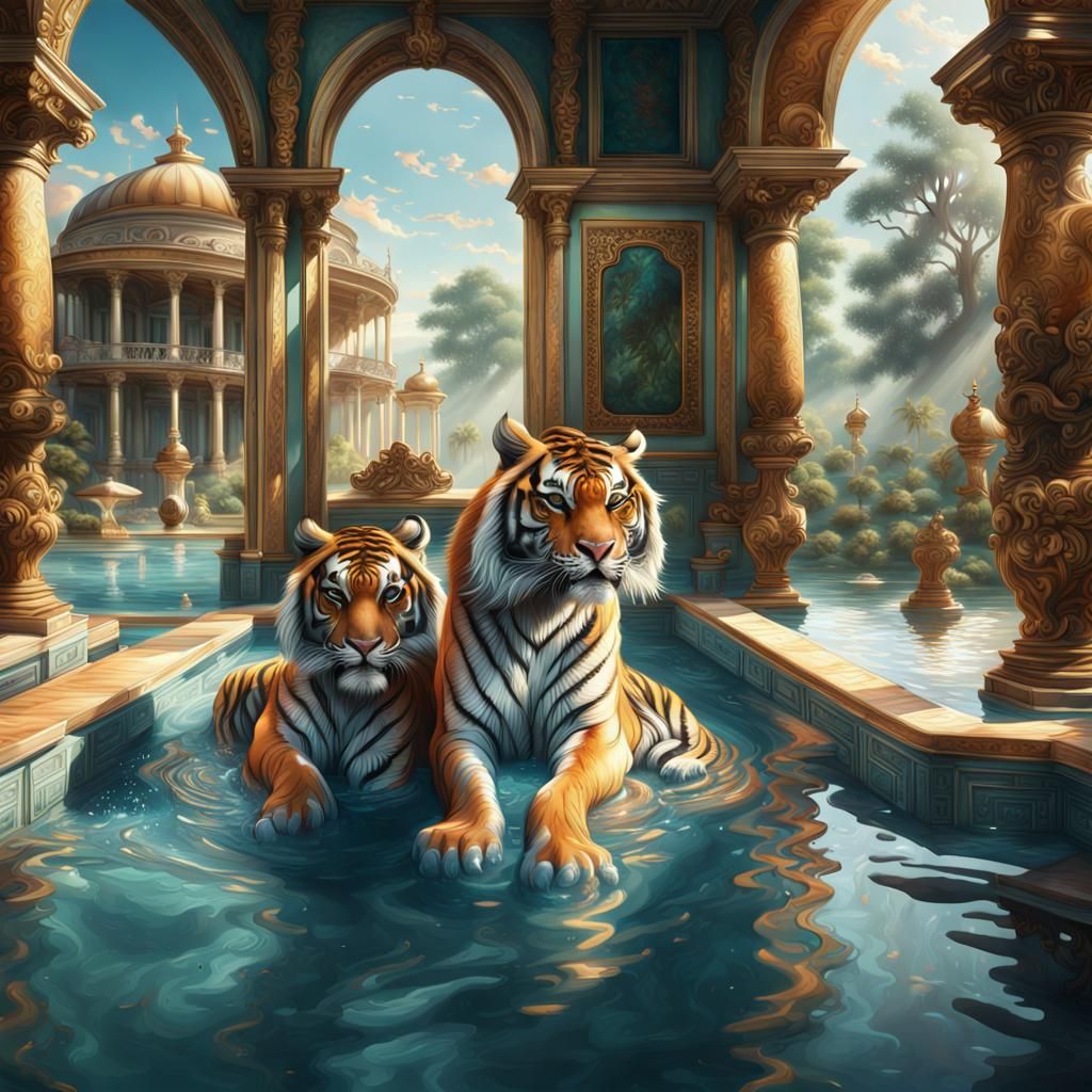 Siberian Tigers Enjoying a Palace Pool in Splash Art Style