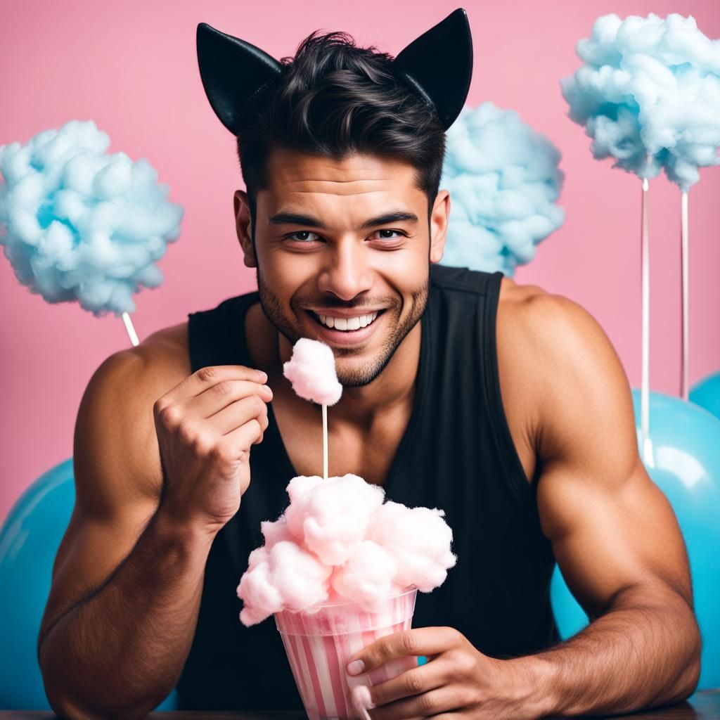 Latino Man with Cat Ears Eating Cotton Candy