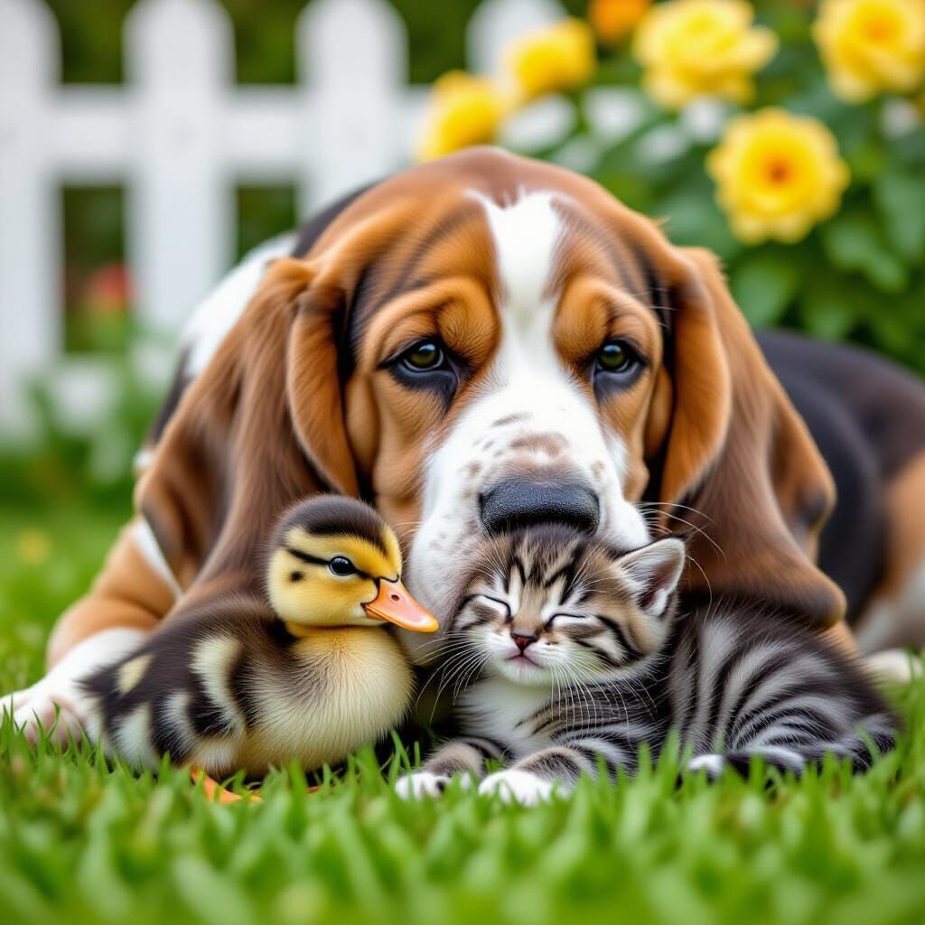 Baby Duckling, Kitten, and Basset Hound Cuddle on Farm Lawn