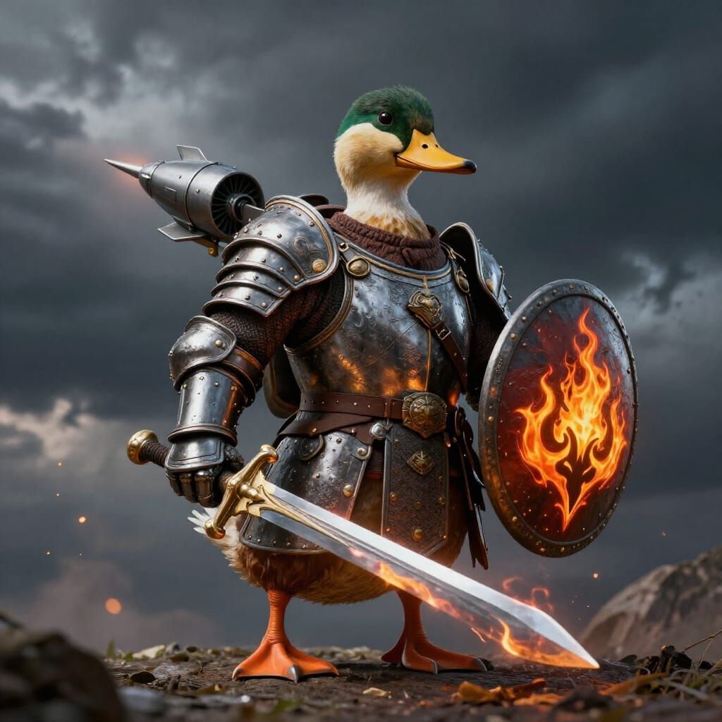 Photorealistic Duck Warrior with Flaming Sword and Jetpack