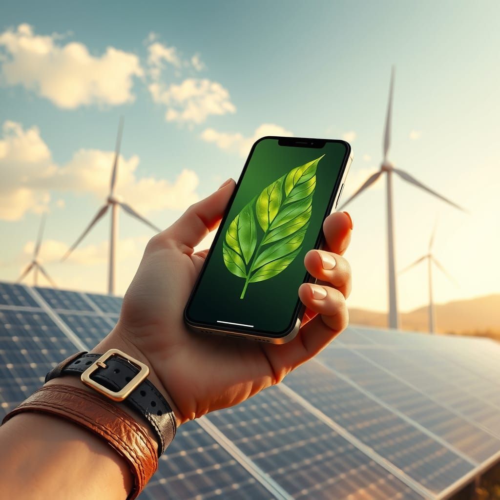 Futuristic Hand Holds Eco-Friendly Smartphone with Green Lea...