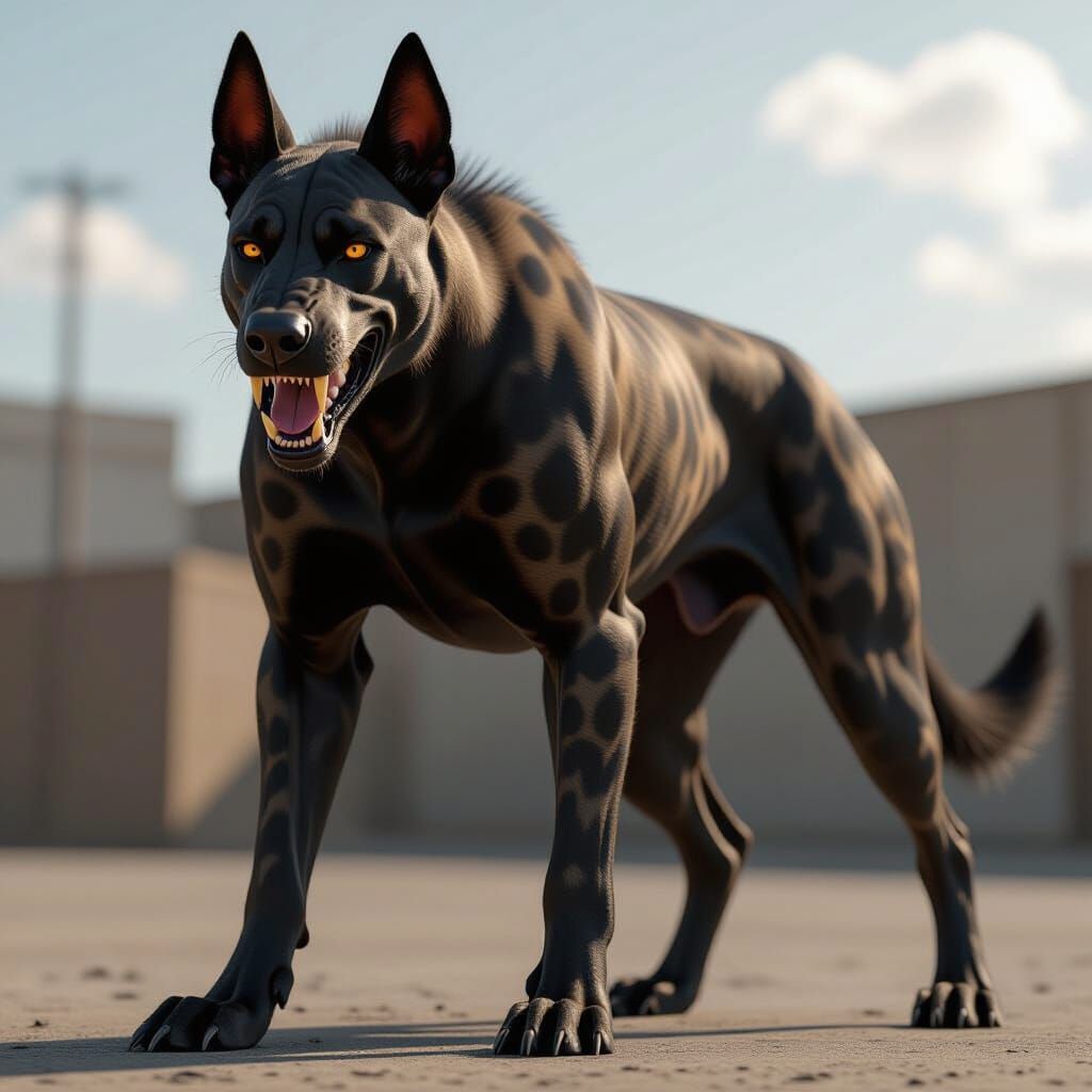 Towering Doberman-Hyena Hybrid in Hyper-Realistic 8k