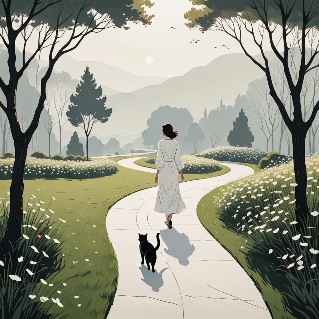 Minimalist Line Art of Woman and Cat on Curved Path
