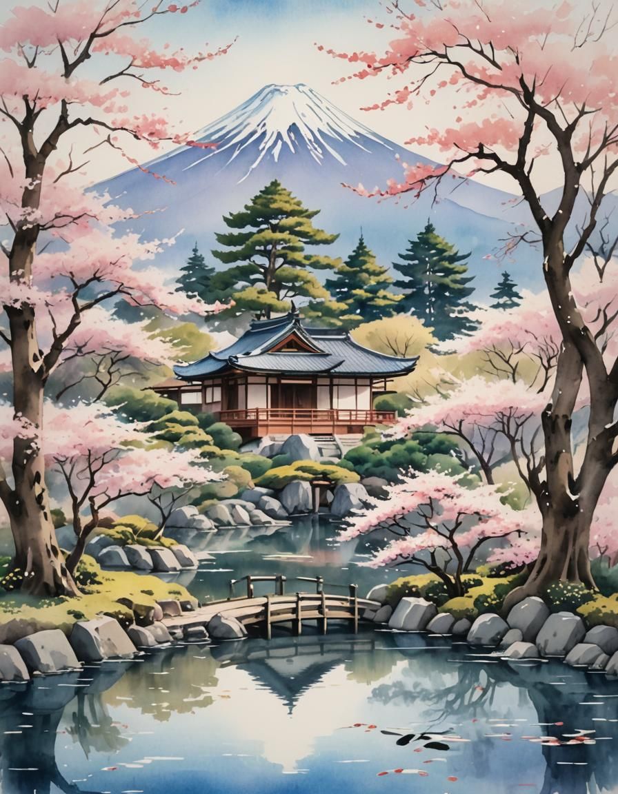 Serene Japanese House in Watercolor with Cherry Blossoms