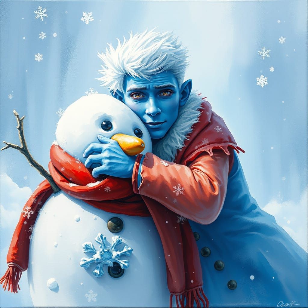 Winter's Blue-Eyed Guardian Leans on a Majestic Snowman in a...