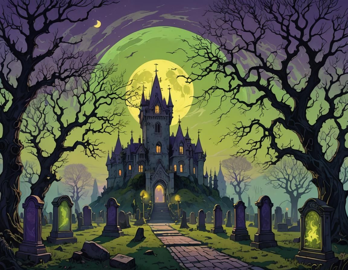 Ghostly Graveyard at Transylvanian Castle in Art Nouveau Sty...