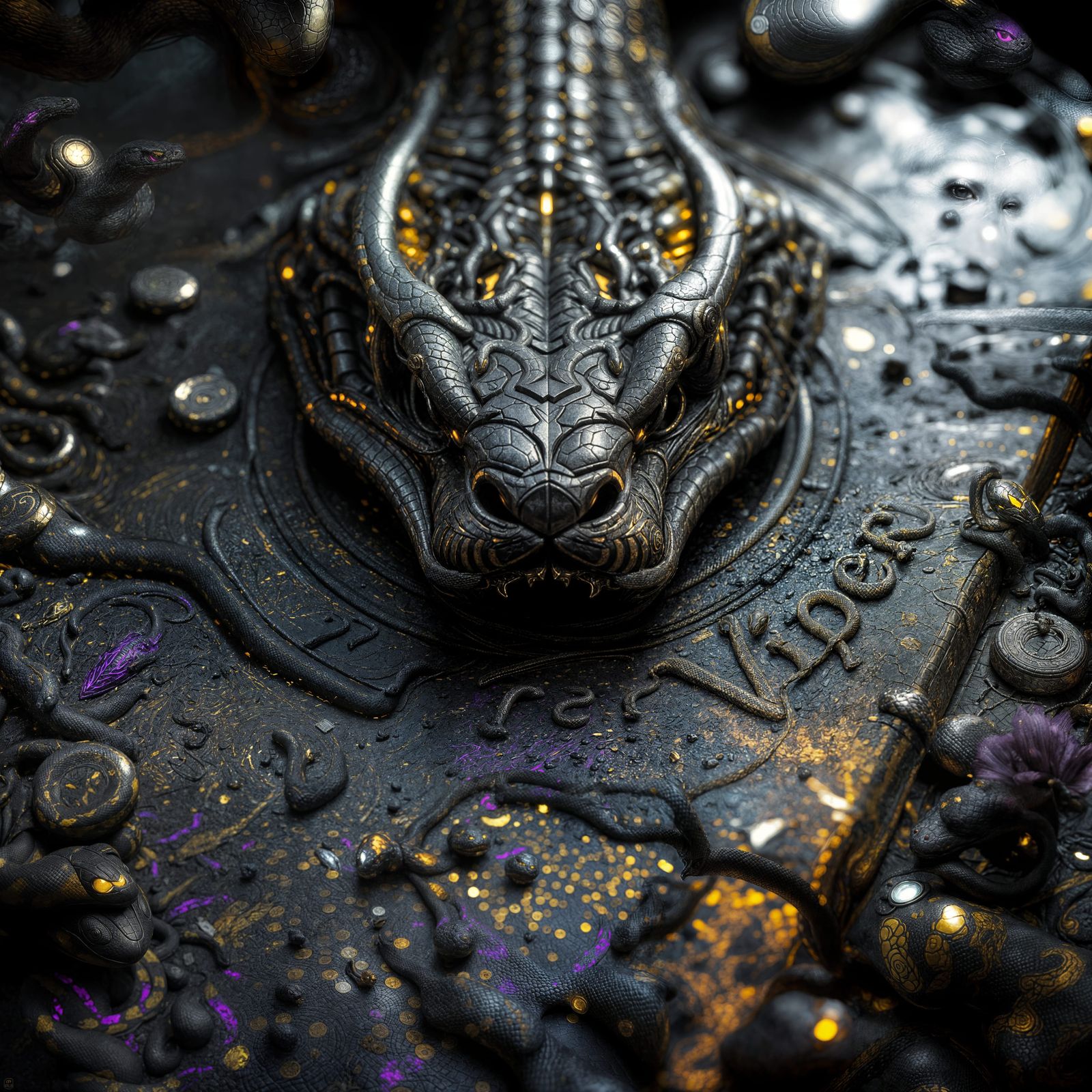 Dark Fantasy Masterpiece with Viper Writing and Snake Head