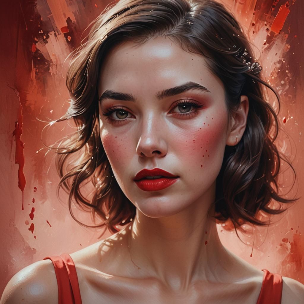 Hyperrealistic Woman in Red Dress Digital Art