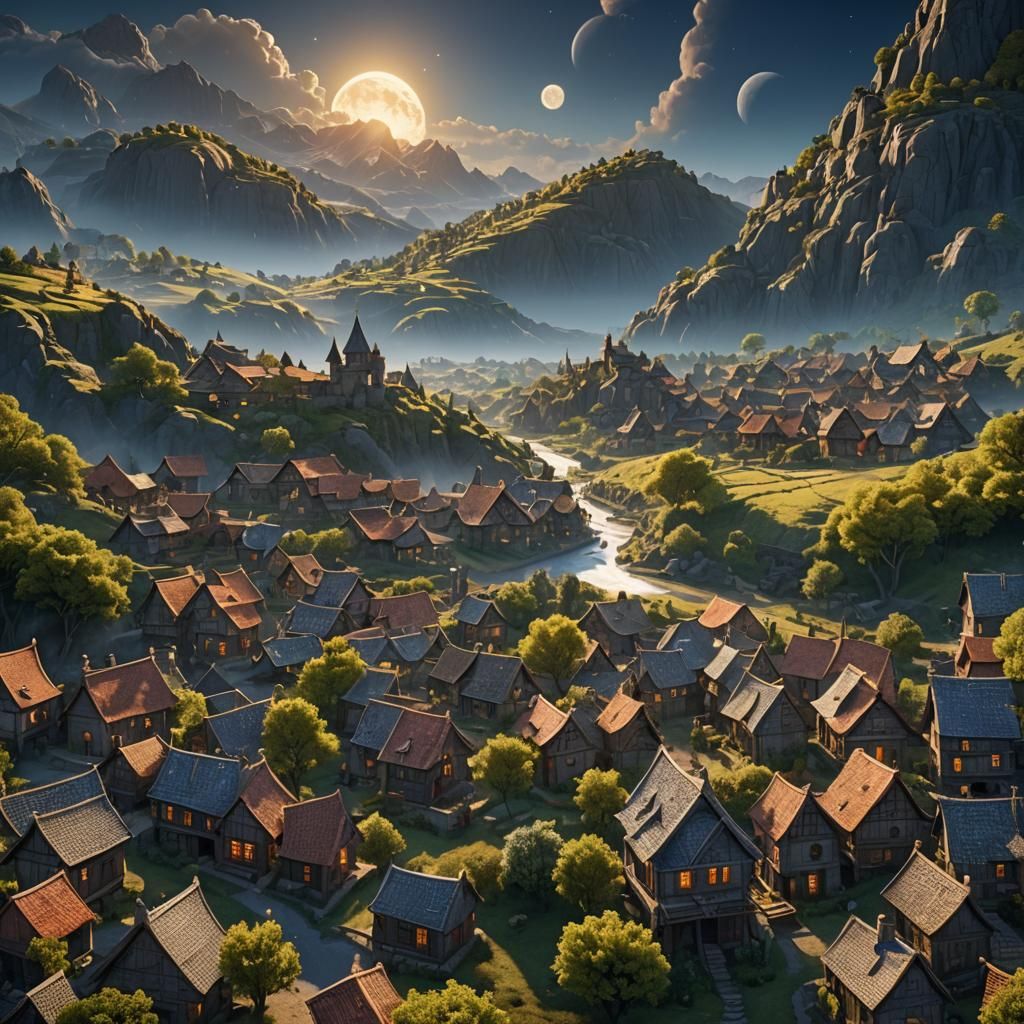 Village Bathed in Sun and Moon Light