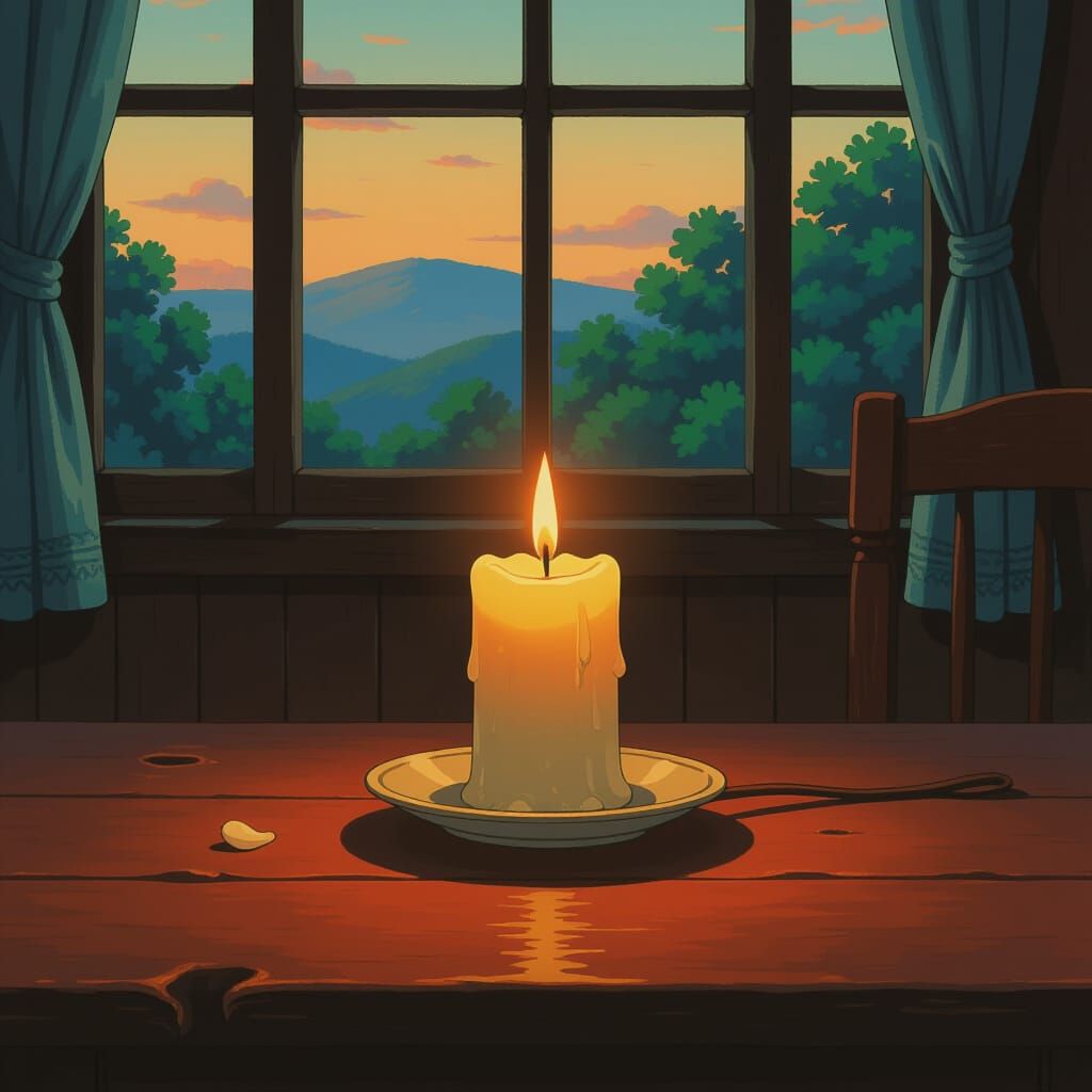 Flickering Candle's Warm Glow on Wooden Table