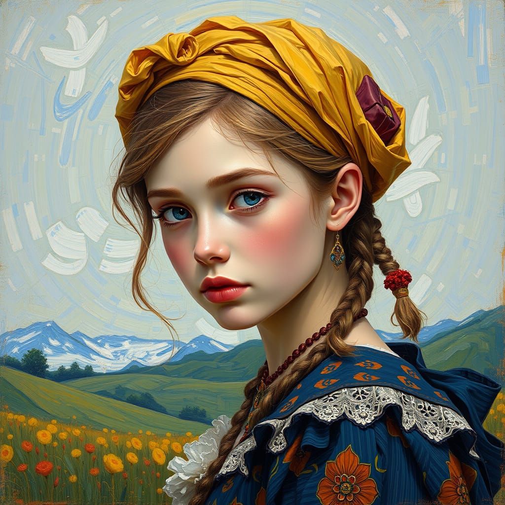 Young Girl in Serene Landscape, in Van Gogh Style