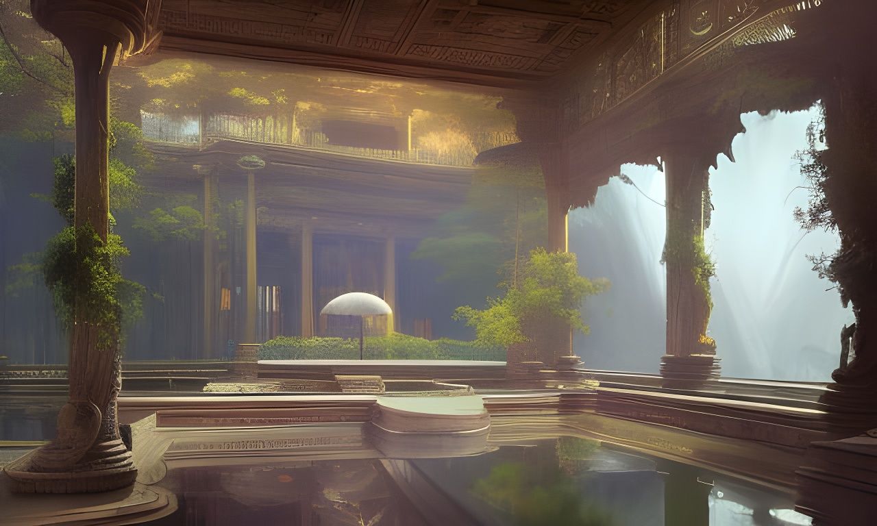 Futuristic Art Deco Architecture with Zen Garden