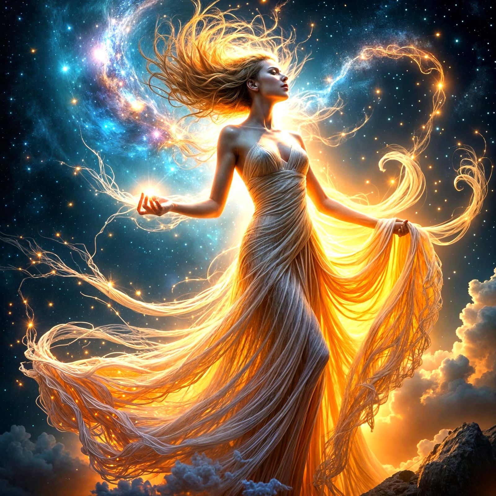 Cosmic Woman Weaving Reality Hyperreal Style