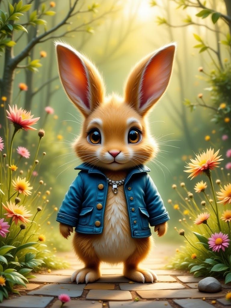Anthropomorphic Rabbit in Blue Jacket in Lush Garden