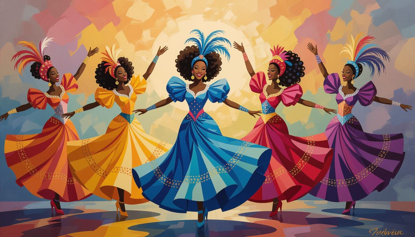 Vibrant Dancers in Elaborate Costumes: Playful Art