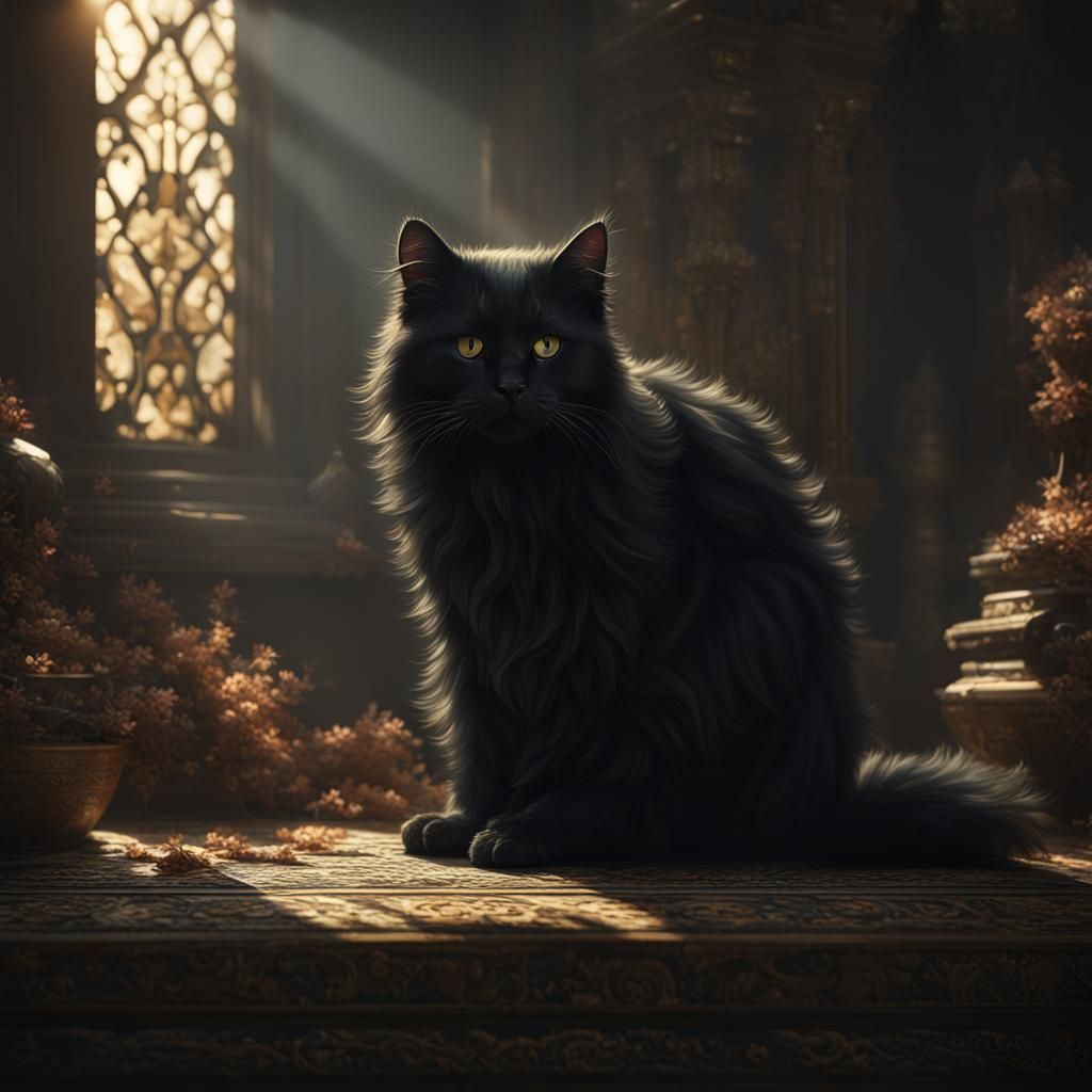 Shaggy Black Cat Portrait in Detailed Oil Painting