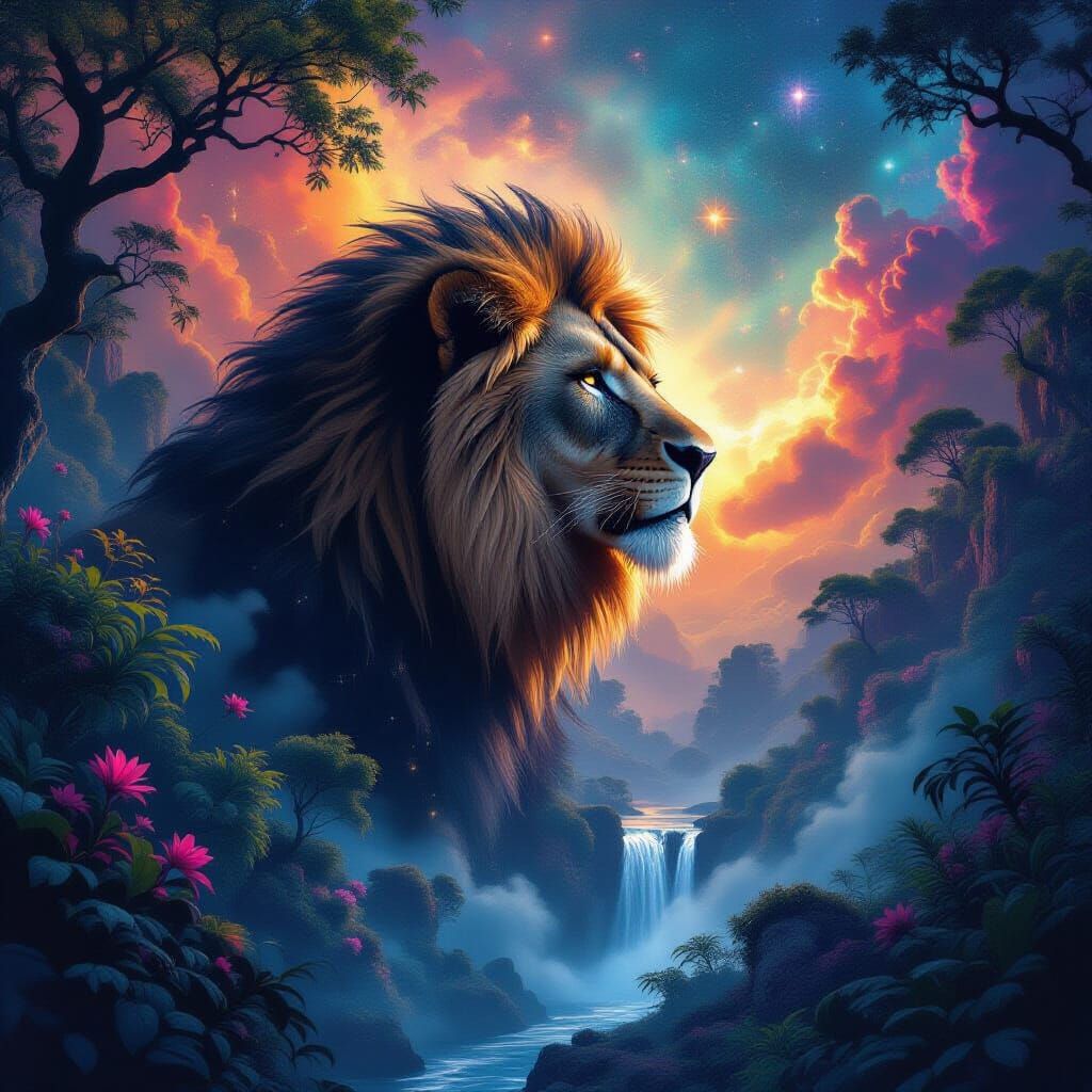 Lion Silhouette with Cosmic Nebula and Fantasy Forest