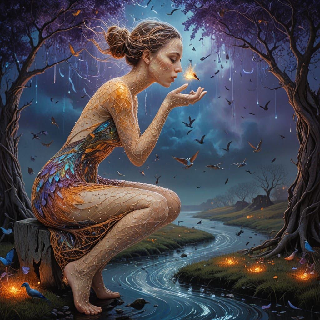 Woman Transforms Into Birds Amidst Cosmic Energy