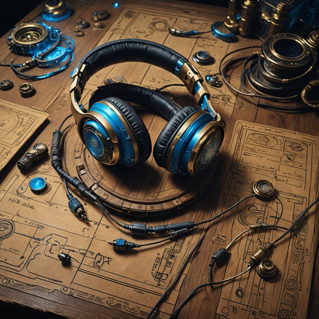 High-Tech Headphones on Mystical Blueprints, Digital Matte P...