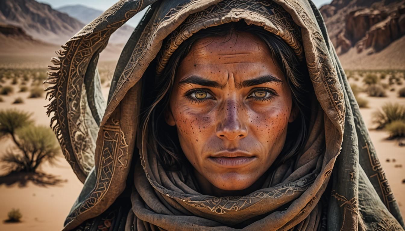 Hyperrealistic Portrait of Desert Nomad Leah