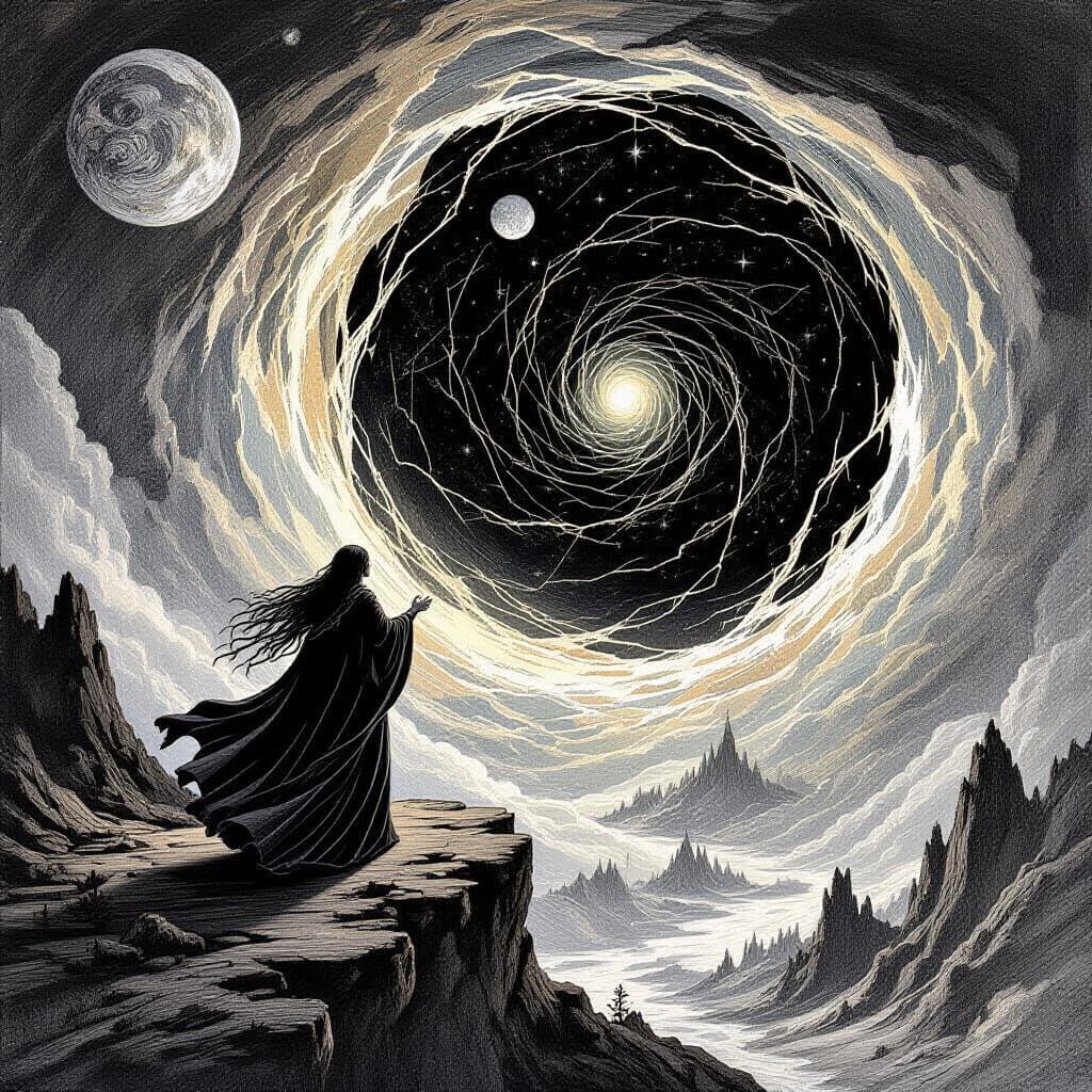 Sorceress Gazes at Dimensional Vortex, Wood Engraving Style